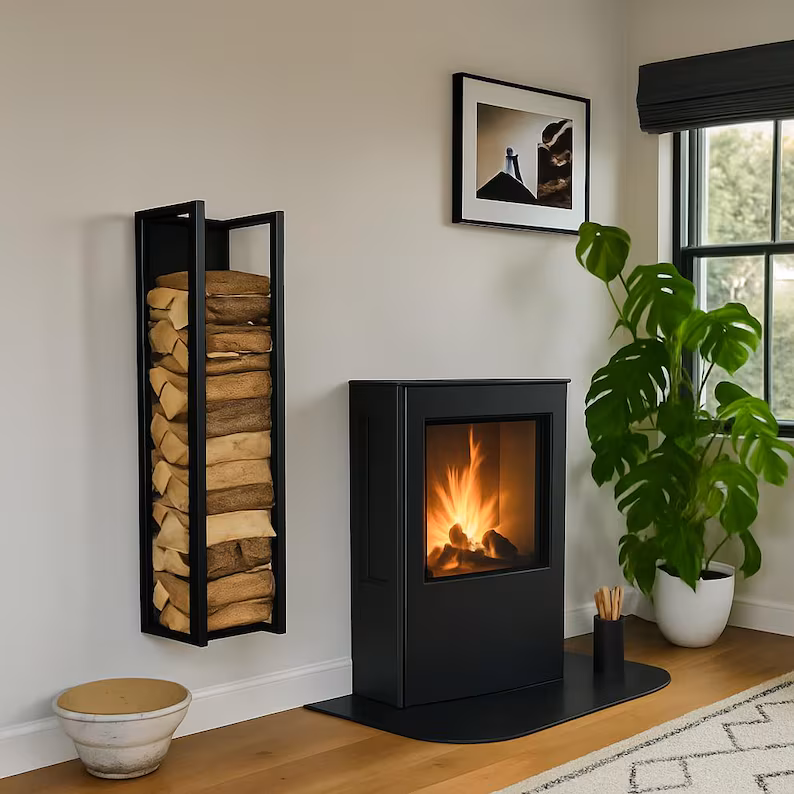 Duvar Tipi Metal Odunluk – İnce Dikey Şömine Odun Rafı4