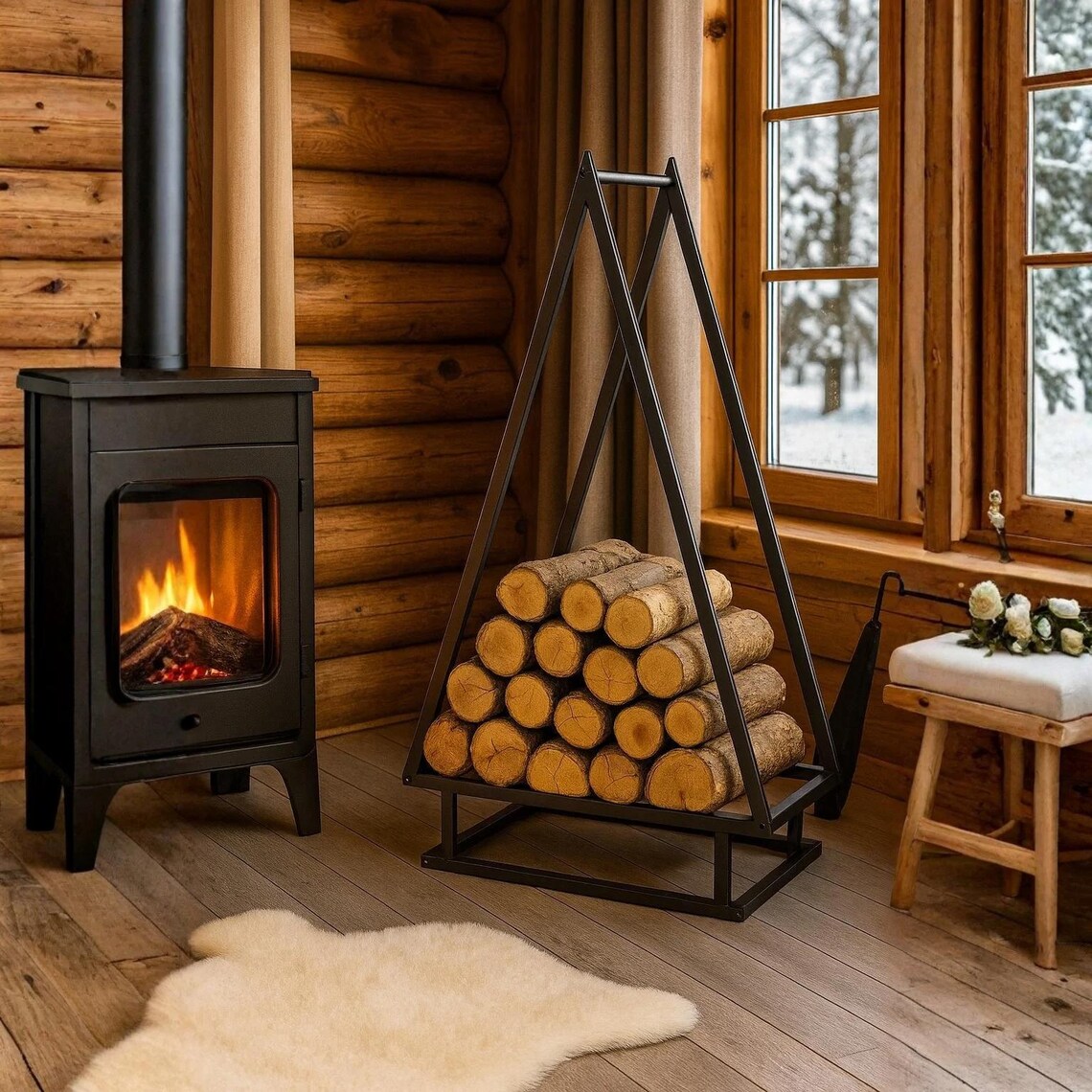 Modern Çam Ağaç Formlu Siyah Metal Odunluk