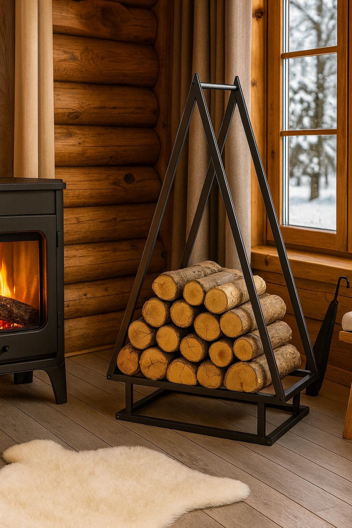 Modern Çam Ağaç Formlu Siyah Metal Odunluk2