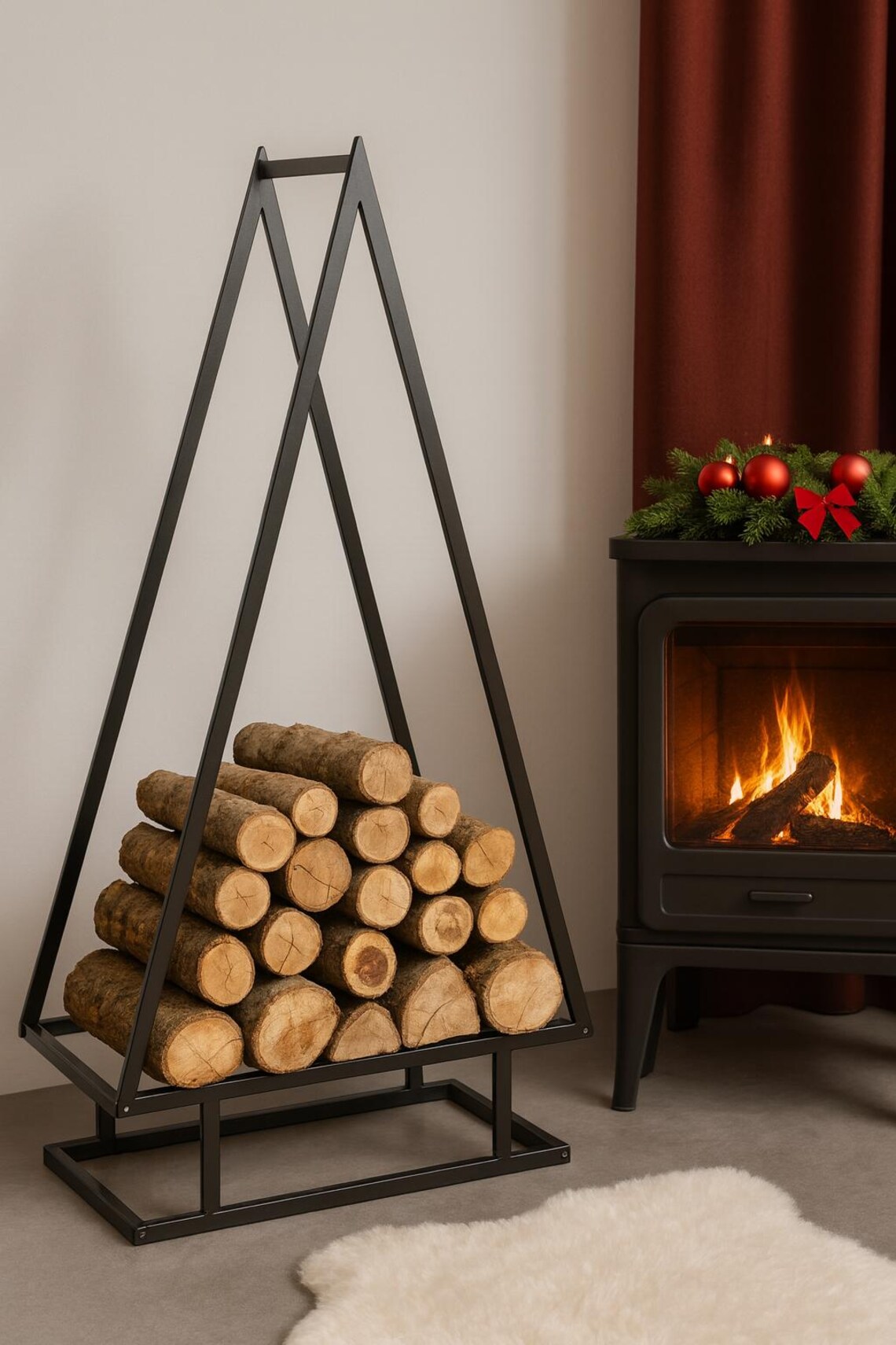 Modern Çam Ağaç Formlu Siyah Metal Odunluk4