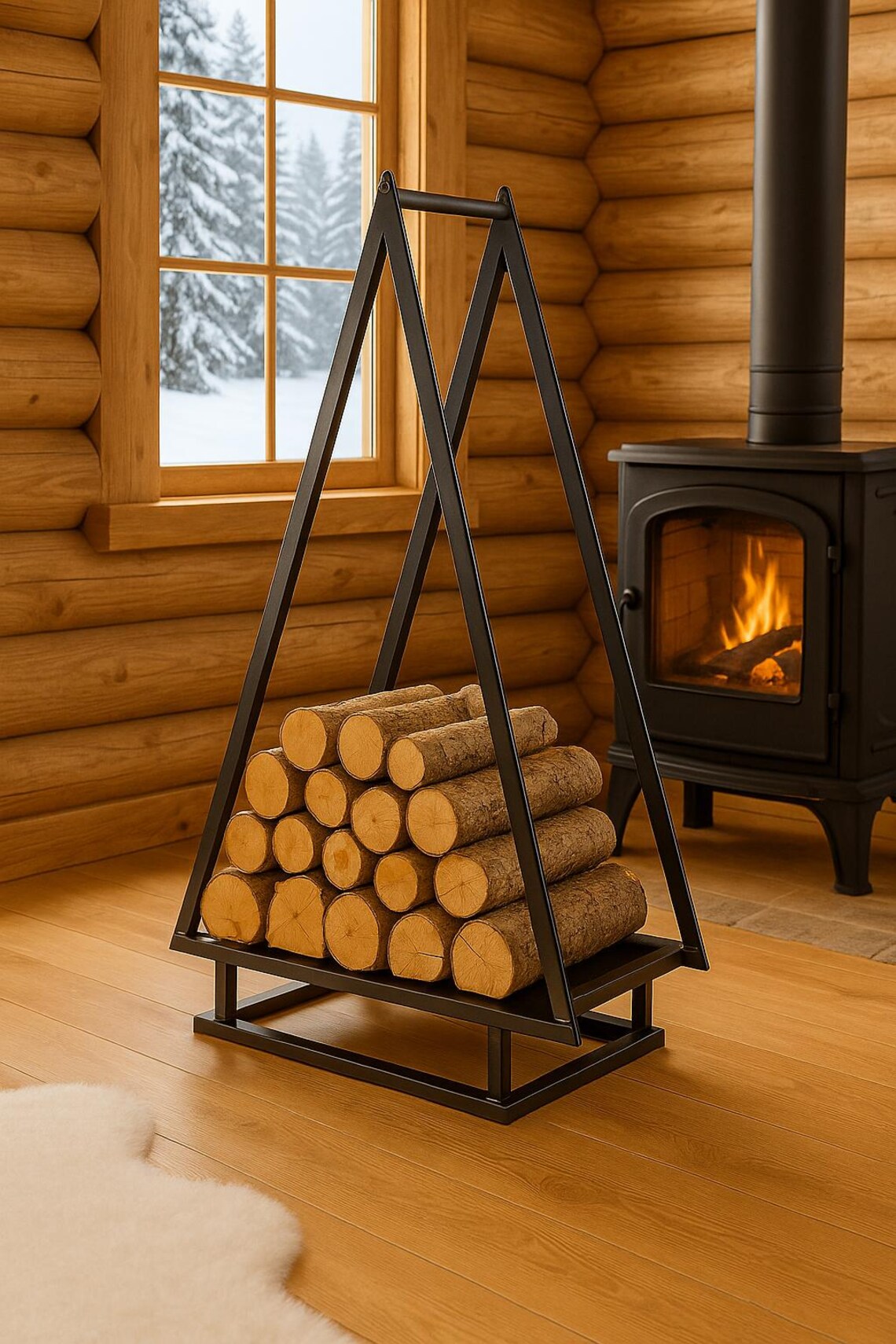 Modern Çam Ağaç Formlu Siyah Metal Odunluk5