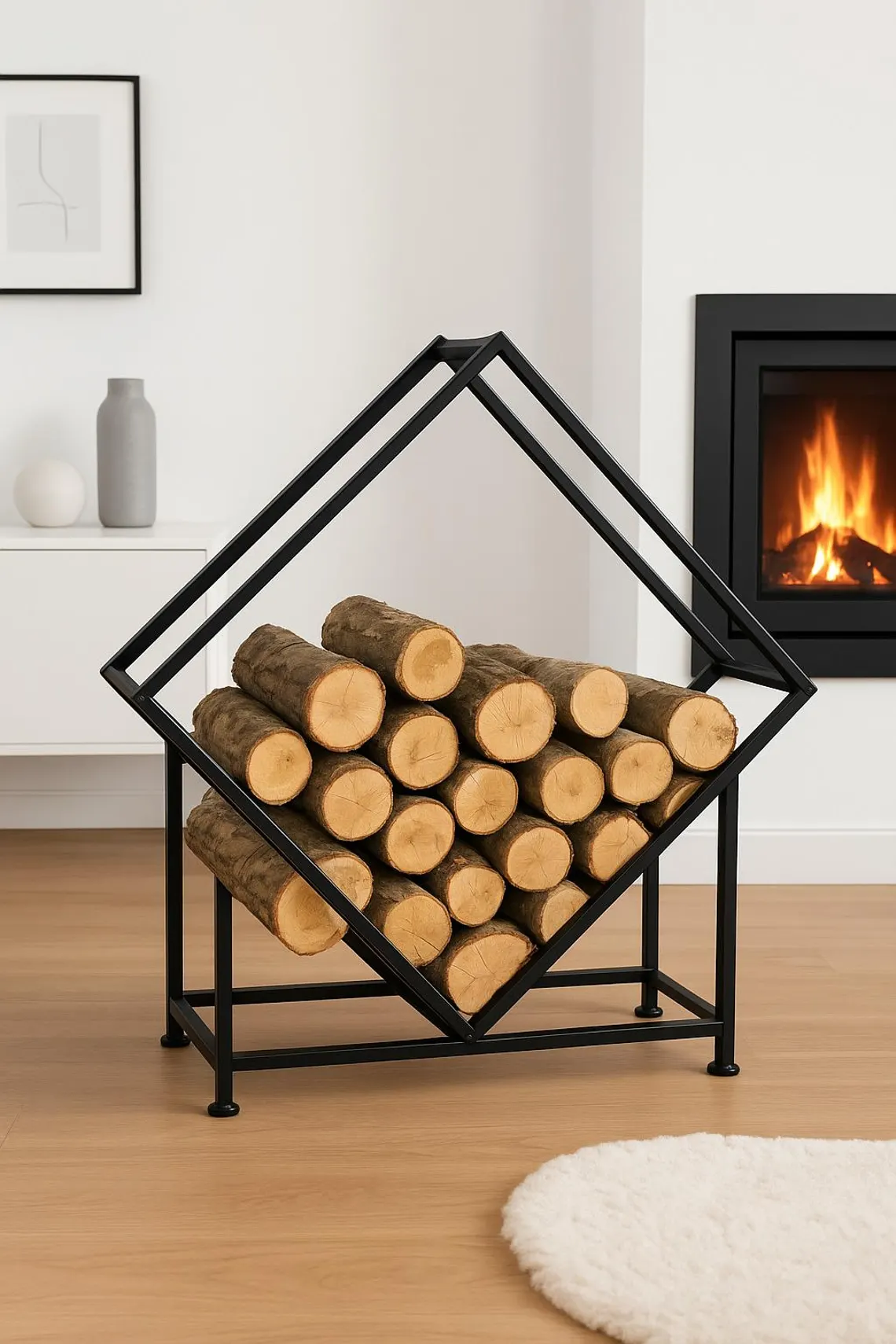 Modern Siyah Metal Odunluk – Dekoratif Odun Rafı