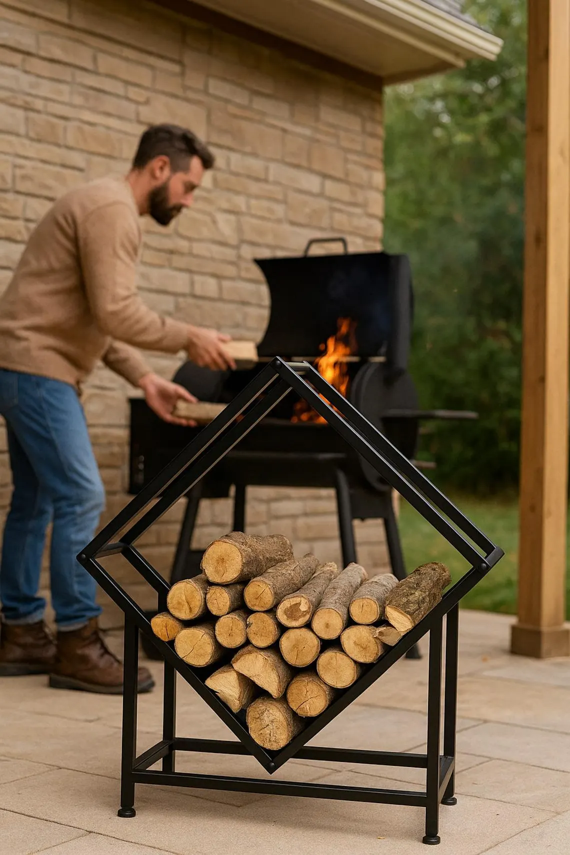 Modern Siyah Metal Odunluk – Dekoratif Odun Rafı1