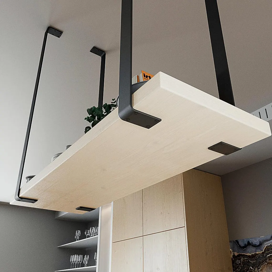 Siyah Metal Askılık ve Ahşap Duvar Rafı – Asma Mutfak & Salon Rafı