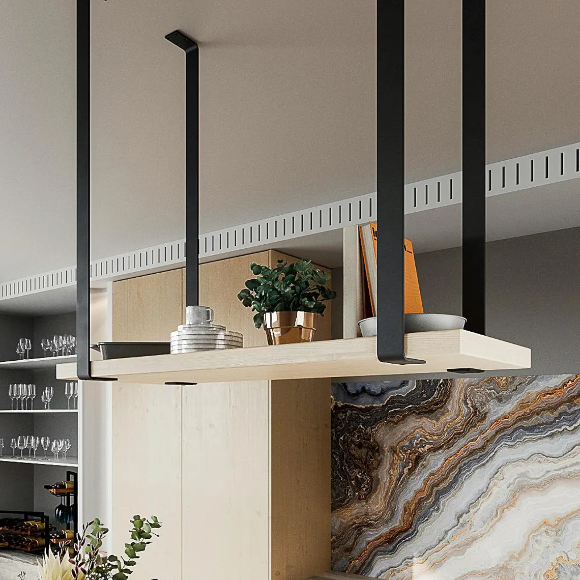 Siyah Metal Askılık ve Ahşap Duvar Rafı – Asma Mutfak & Salon Rafı1