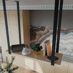 Siyah Metal Askılık ve Ahşap Duvar Rafı – Asma Mutfak & Salon Rafı