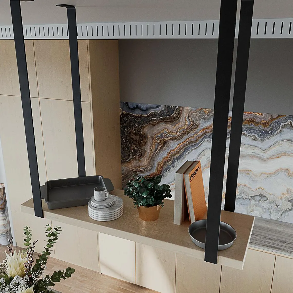 Siyah Metal Askılık ve Ahşap Duvar Rafı – Asma Mutfak & Salon Rafı2