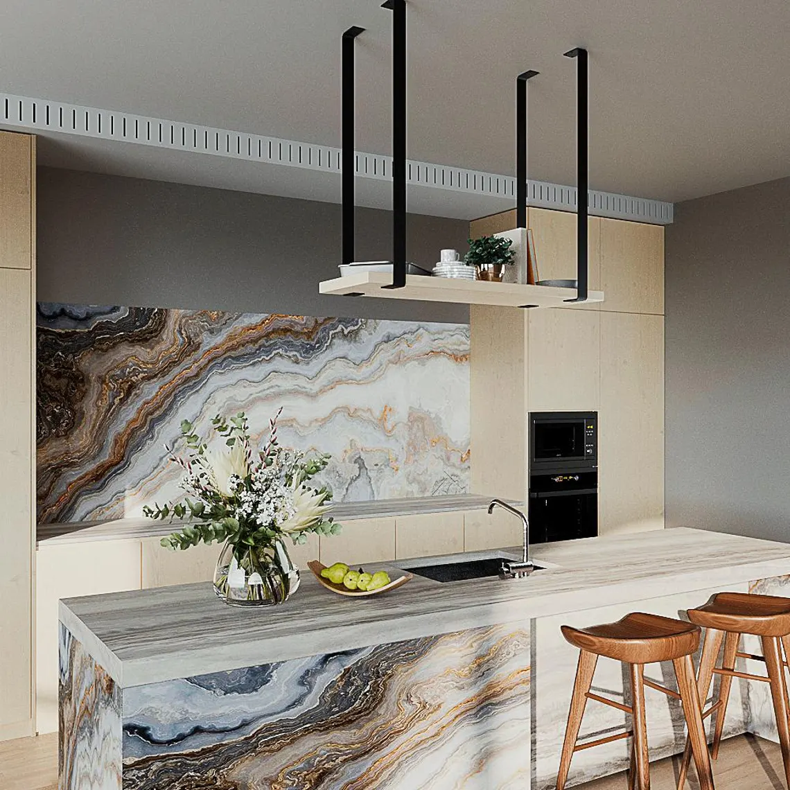 Siyah Metal Askılık ve Ahşap Duvar Rafı – Asma Mutfak & Salon Rafı4