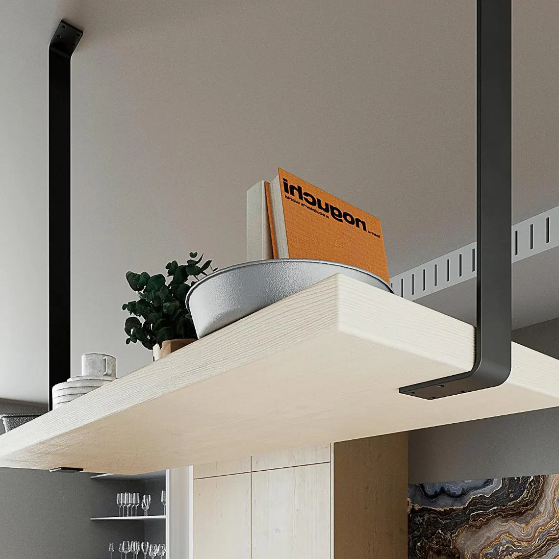 Siyah Metal Askılık ve Ahşap Duvar Rafı – Asma Mutfak & Salon Rafı5