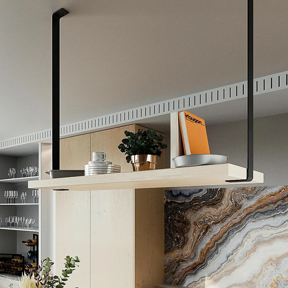 Siyah Metal Askılık ve Ahşap Duvar Rafı – Asma Mutfak & Salon Rafı6