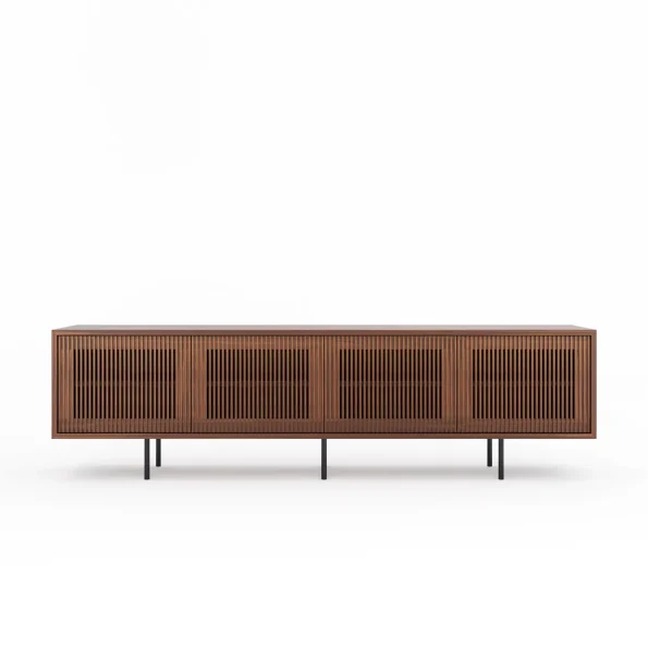 Mid-century modern ceviz lowboard TV ünitesi lamelli kapak