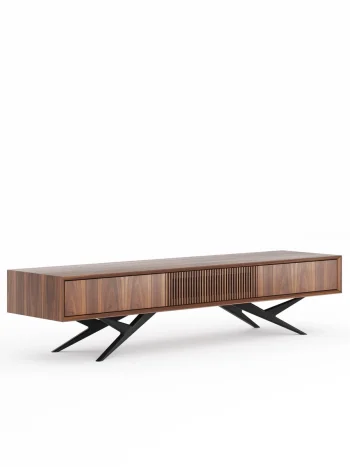 Siyah ayaklı ahşap lowboard TV konsolu modern tasarım