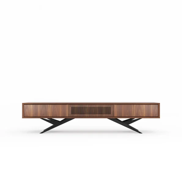 Mid-century modern ceviz lowboard TV ünitesi lamelli kapak